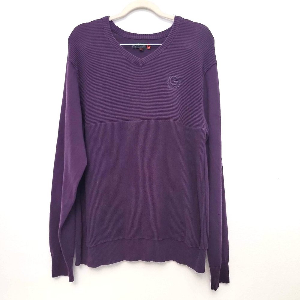 G by Guess Purple Ribbed V-Neck Sweater Size XXL
